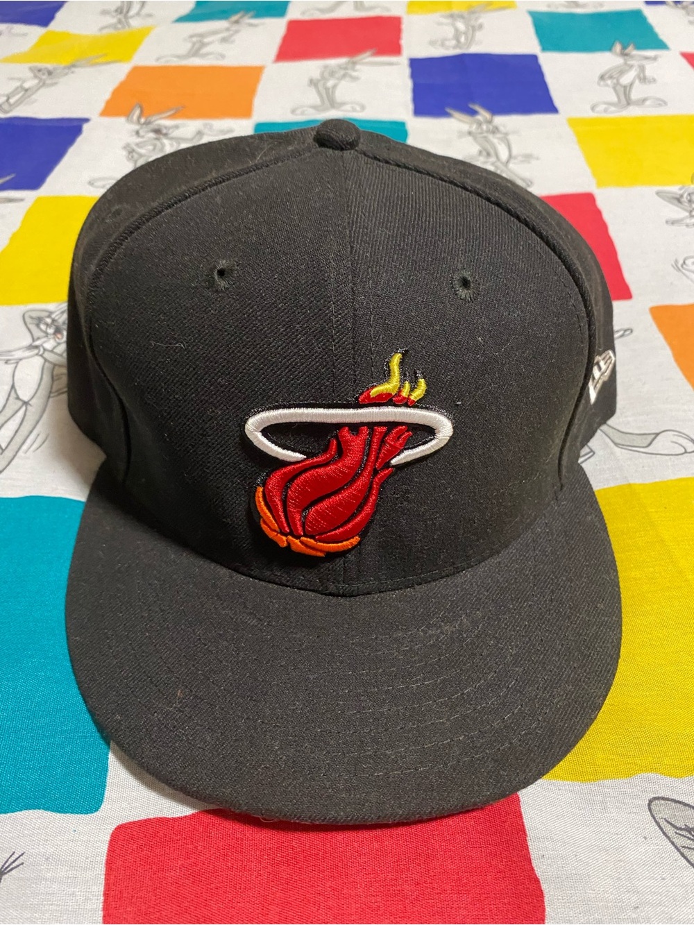 New Era Black Miami Heat Fitted Hat with Red and Orange Flame Logo